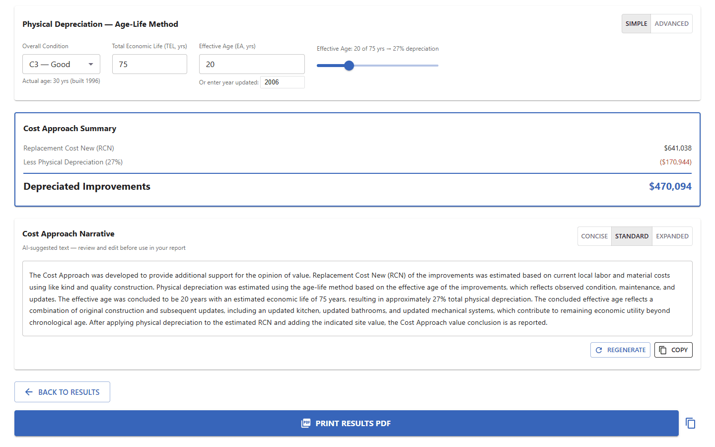 ReCost depreciation and Cost Approach summary with narrative