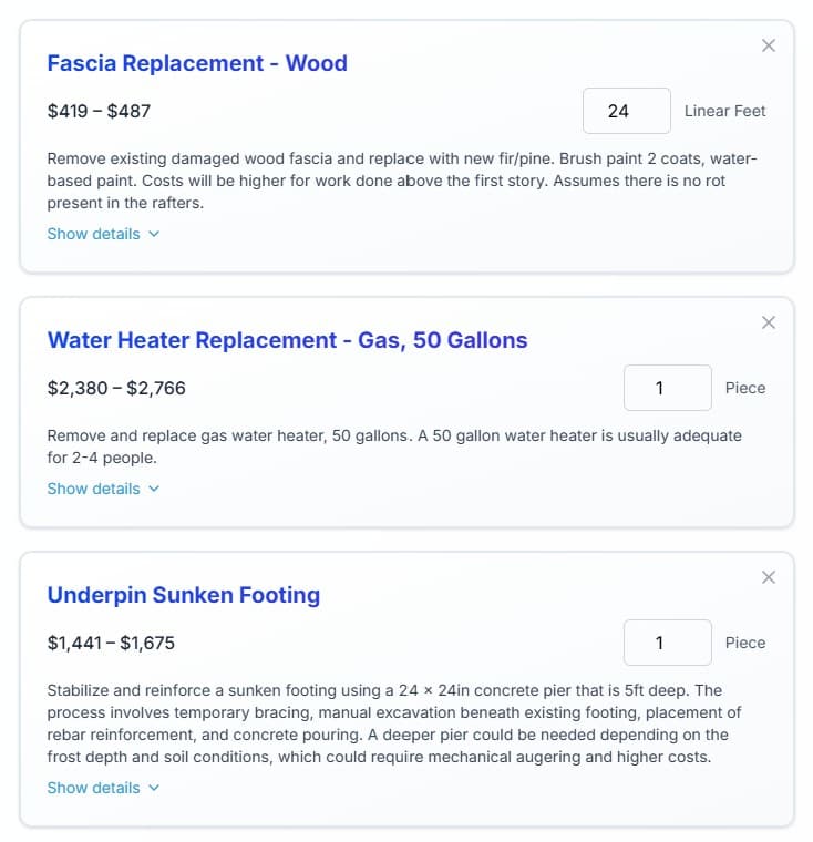 ReCost Cost to Cure detail items