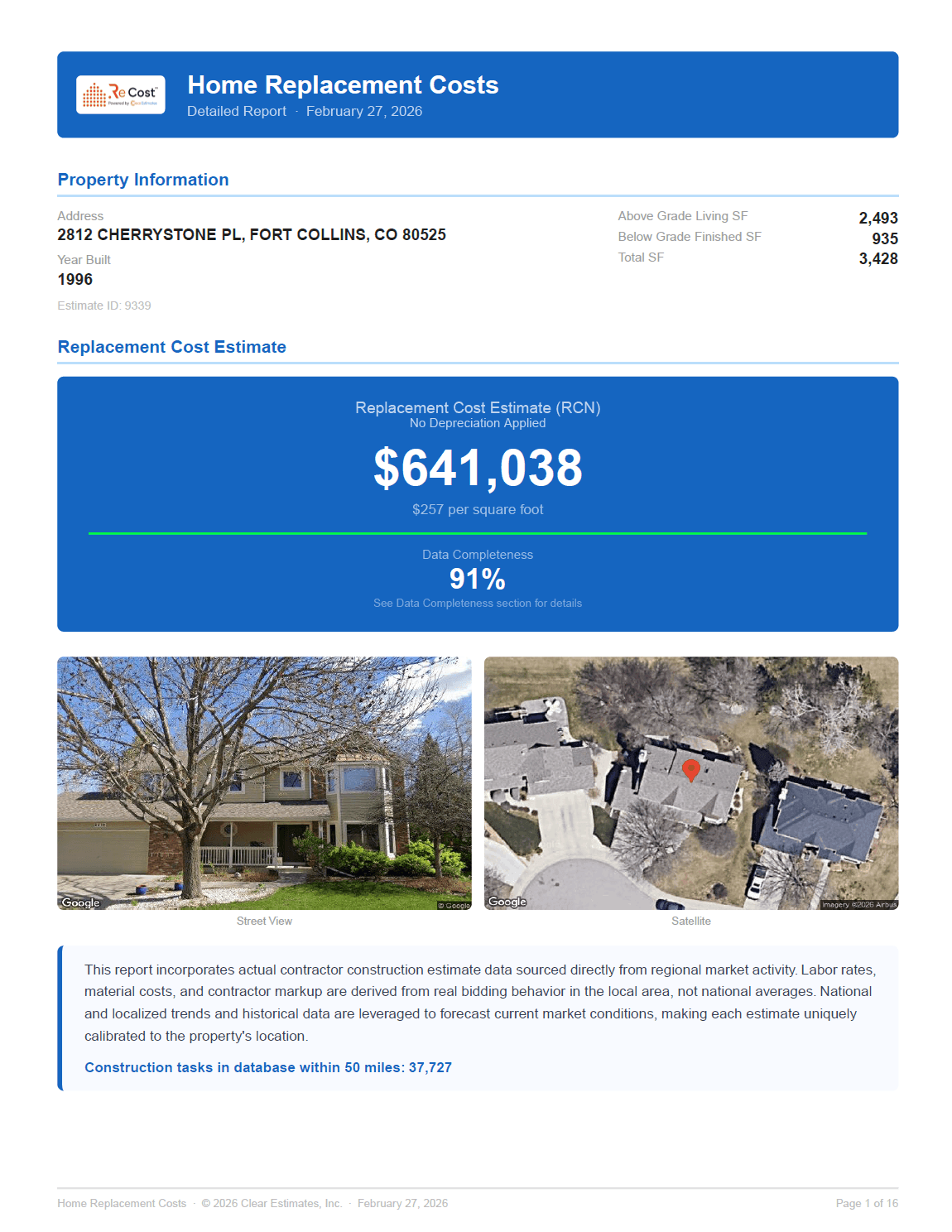 RCN Report cover page showing replacement cost estimate with property photos