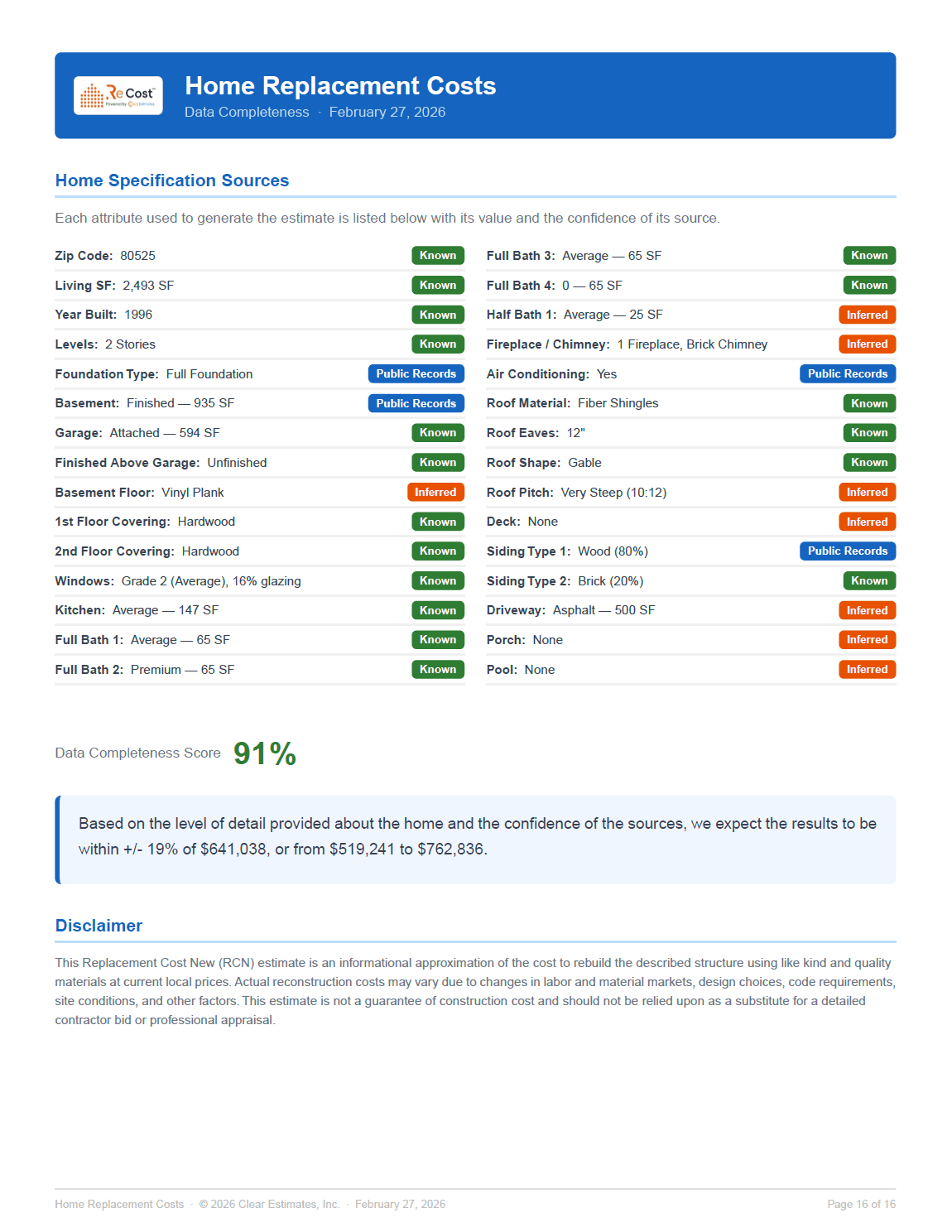 Report page showing home specification sources with data provenance badges