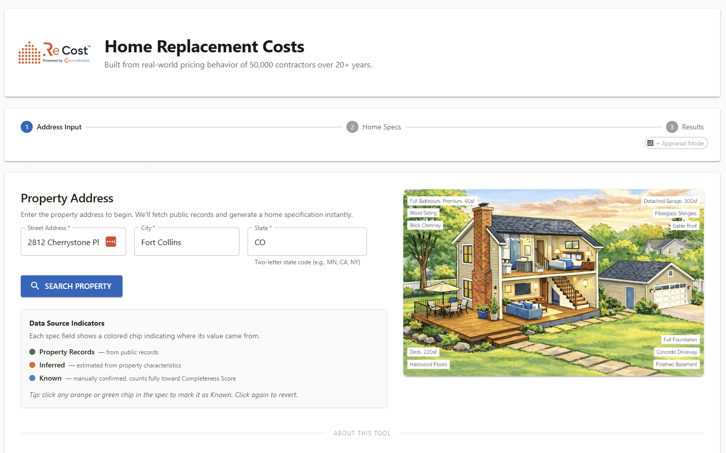 ReCost address input step showing property search and home illustration