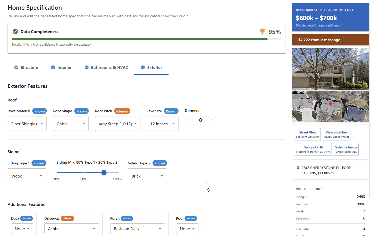 ReCost home specification editor showing exterior features and real-time cost estimate
